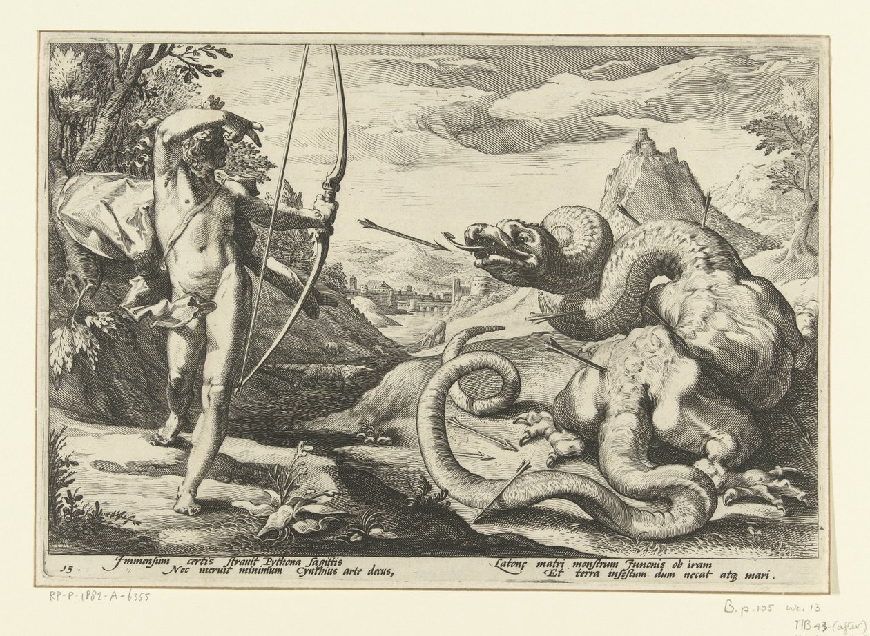 Apollo zabija gigantycznego węża Pythona Metamorfozy Owidiusza (tytuł serii) autorstwa Hendrick Goltzius (workshop of)