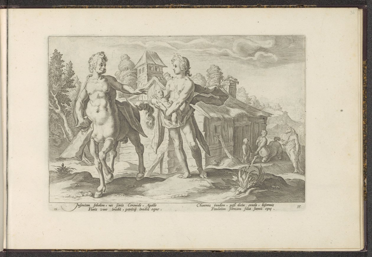 Apollo powierza Asklepiosa Chiron Metamorfozy Owidiusza (tytuł serii) Odtworzenia P. Ovidiusa Naso (tytuł serii) autorstwa Hendrick Goltzius (workshop of)