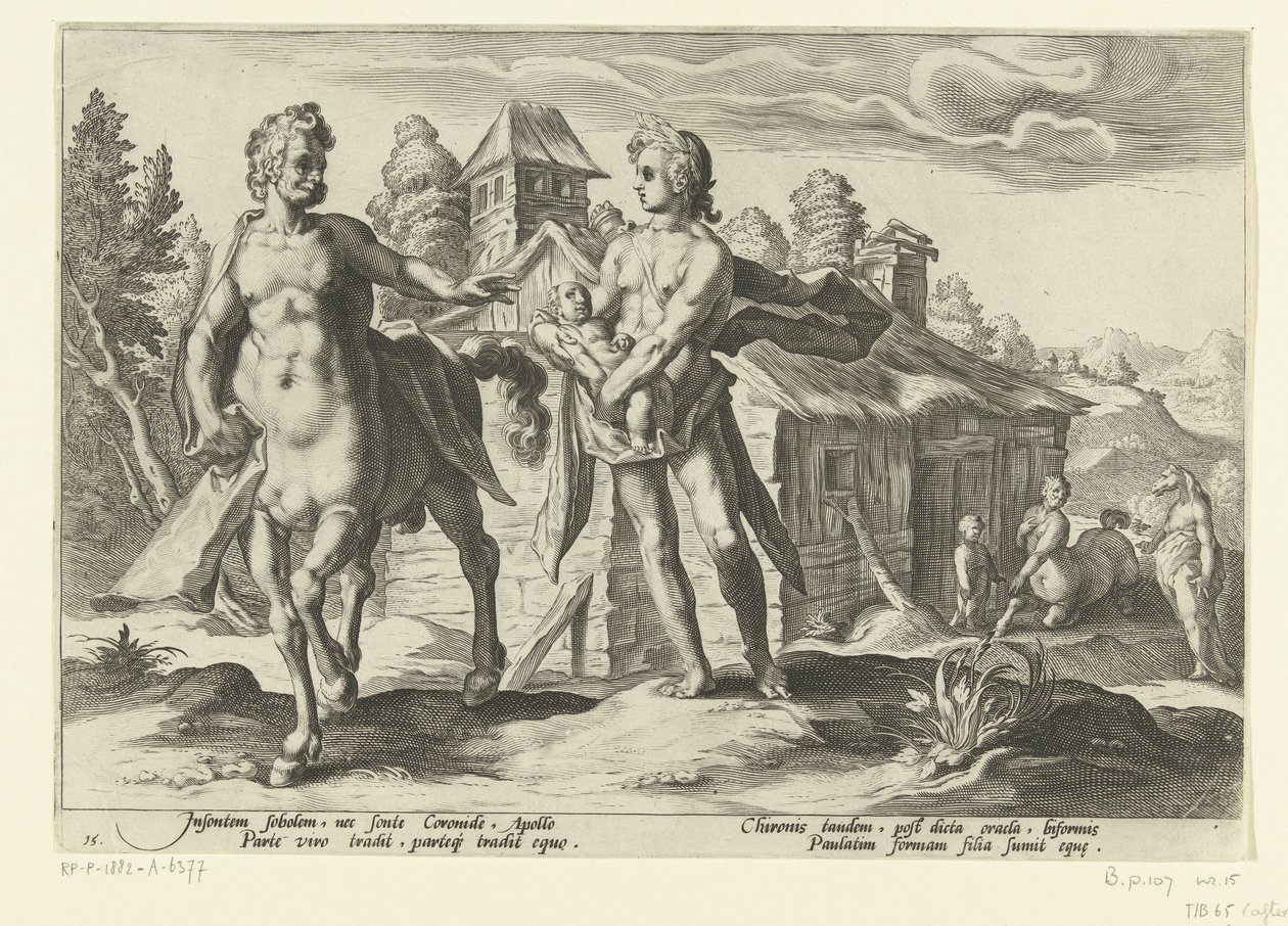 Apollo powierza Asklepiosa Chiron Metamorfozy Owidiusza (tytuł serii) autorstwa Hendrick Goltzius (workshop of)