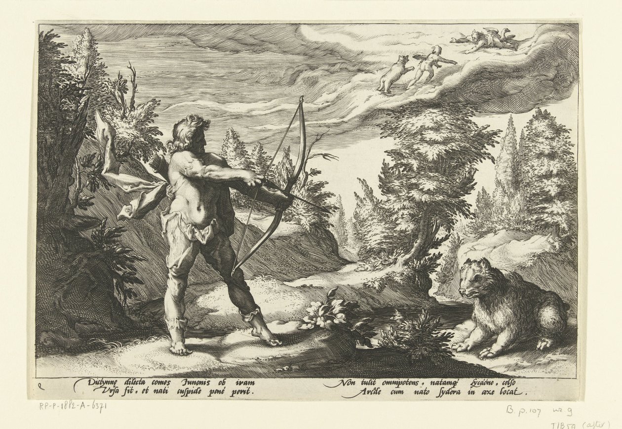 Arcas celuje strzałą w Callisto Metamorfozy Owidiusza (tytuł serii) autorstwa Hendrick Goltzius (workshop of)