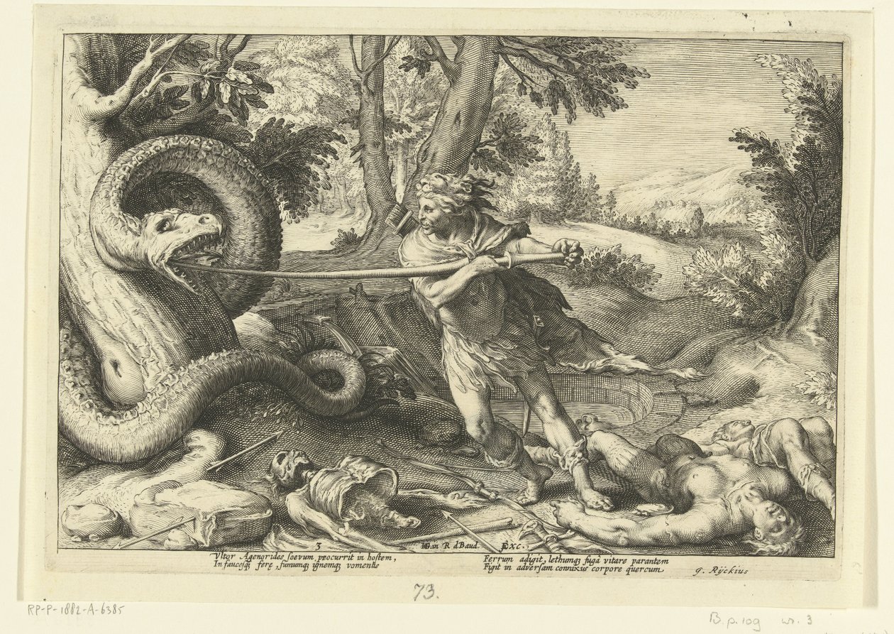 Kadmus zabija smoka Metamorfozy Owidiusza (tytuł serii) autorstwa Hendrick Goltzius (workshop of)