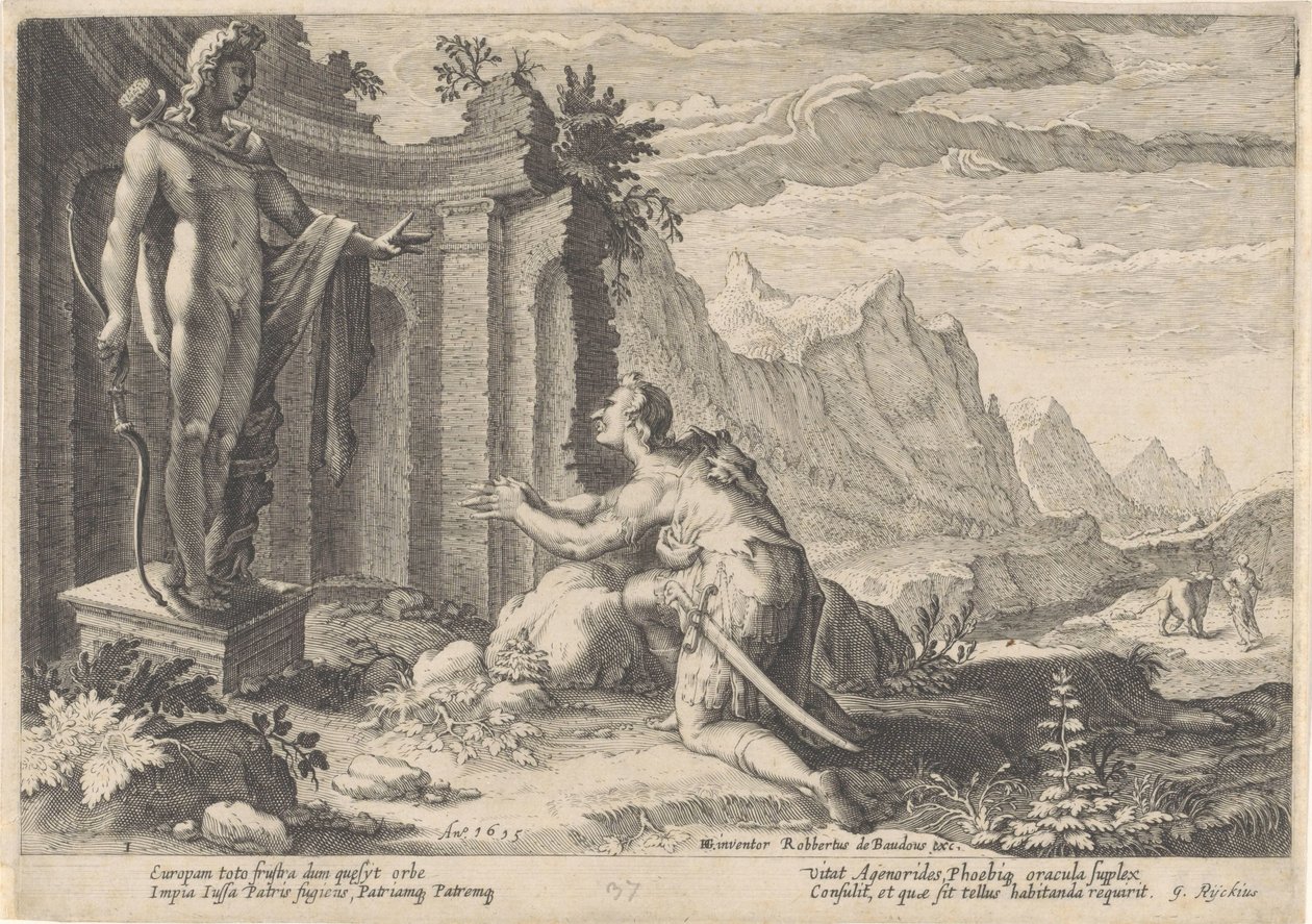 Kadmus konsultuje się z wyrocznią w Delfach Metamorfozy Owidiusza (tytuł serii) autorstwa Hendrick Goltzius (workshop of)