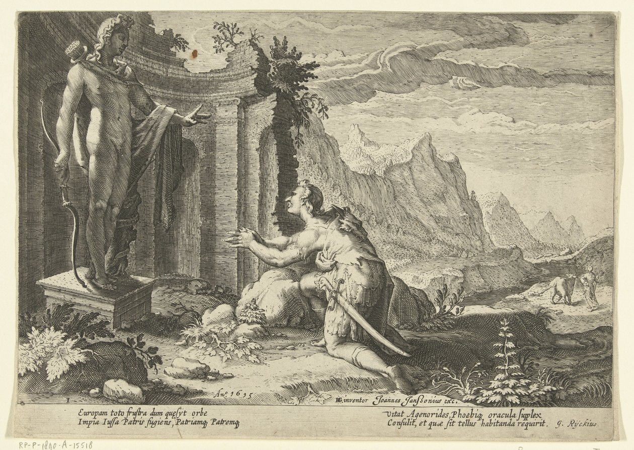 Kadmus pyta wyrocznię Delf, co zrobić teraz, gdy nie mógł znaleźć swojej siostry Europy Metamorfozy Owidiusza (tytuł serii) autorstwa Hendrick Goltzius (workshop of)
