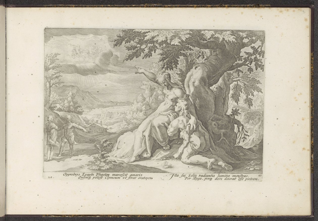 Clymene przypisuje Phaethona swojemu ojcu, bogowi słońca Metamorfozy Owidiusza (tytuł serii) Odtworzenia P. Ovidiusa Naso (tytuł serii) autorstwa Hendrick Goltzius (workshop of)