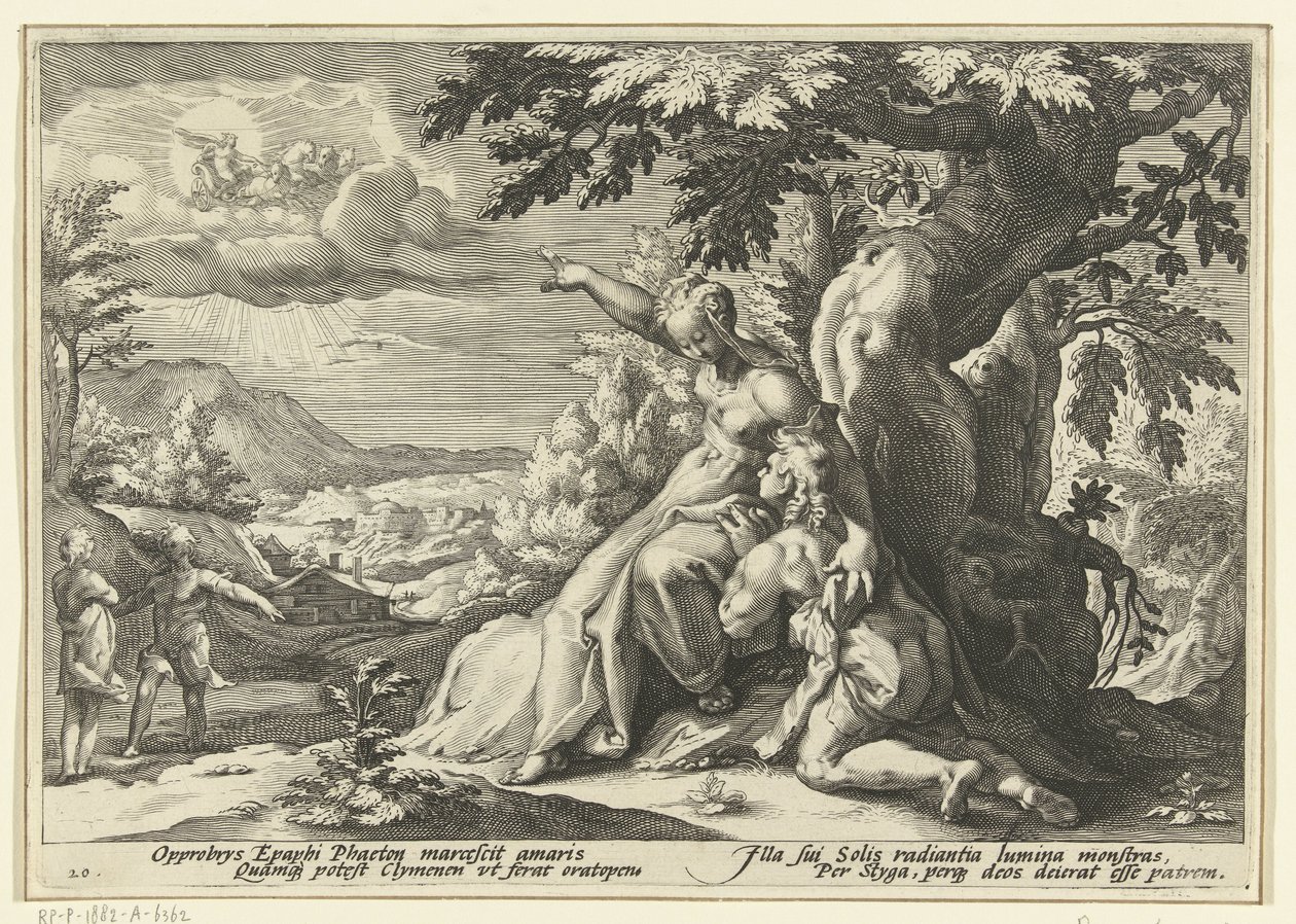 Clymene przypisuje Phaethona swojemu ojcu, bogowi słońca Metamorfozy Owidiusza (tytuł serii) autorstwa Hendrick Goltzius (workshop of)