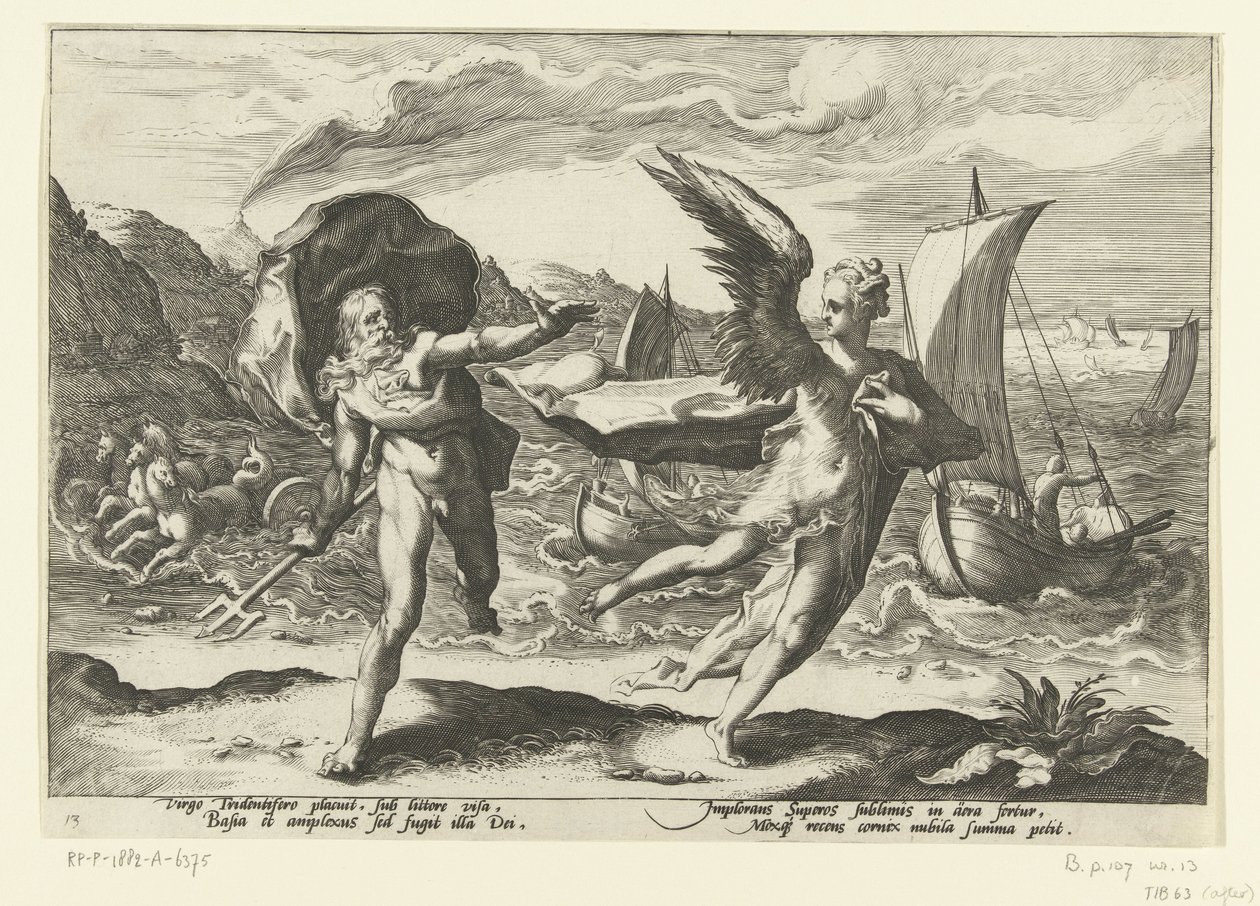 Gzyms zamienia się w een kraai Neptun i Koronis Metamorfosen Owidiusza (tytuł serii) autorstwa Hendrick Goltzius (workshop of)