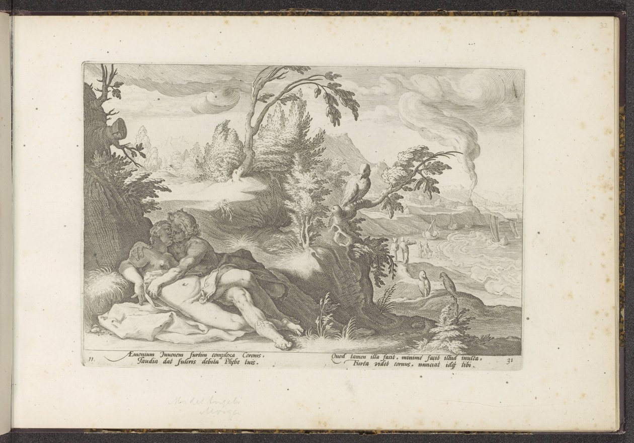 Corvus łapie dziewczynę Coronis Metamorfozy Owidiusza (tytuł serii) Odtworzenia P. Ovidiusa Naso (tytuł serii) autorstwa Hendrick Goltzius (workshop of)