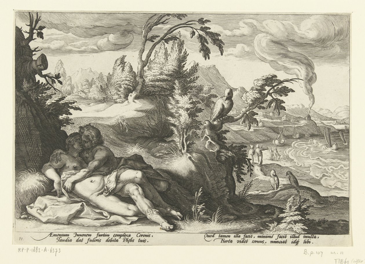 Corvus łapie dziewczynę Coronis Metamorfozy Owidiusza (tytuł serii) autorstwa Hendrick Goltzius (workshop of)