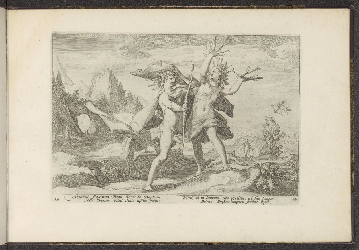 Daphne zamienia się w drzewo laurowe Metamorfozy Owidiusza (tytuł serii) Odtworzenia P. Ovidiusa Naso (tytuł serii) autorstwa Hendrick Goltzius (workshop of)