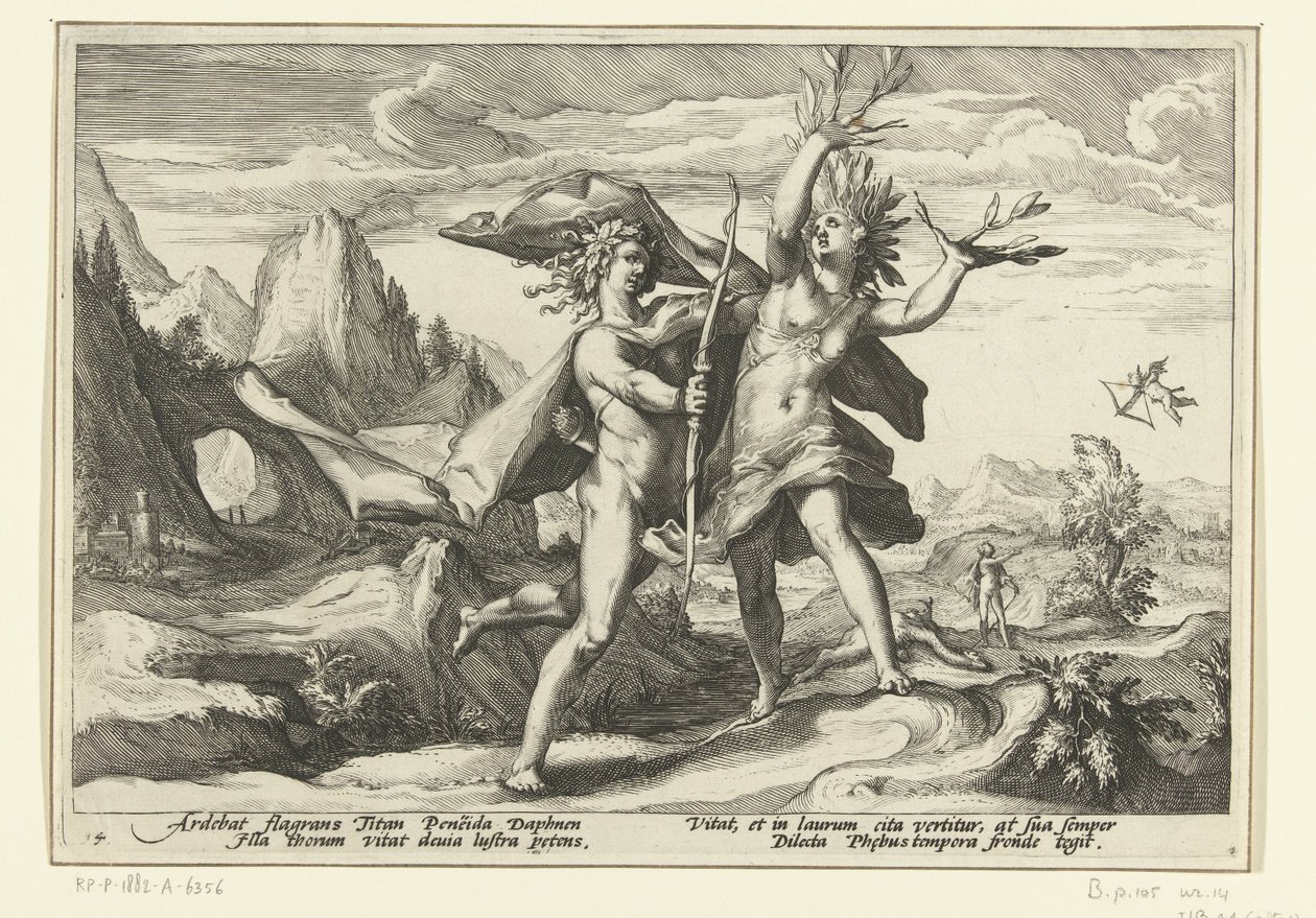 Daphne zamienia się w drzewo laurowe Metamorfozy Owidiusza (tytuł serii) autorstwa Hendrick Goltzius (workshop of)