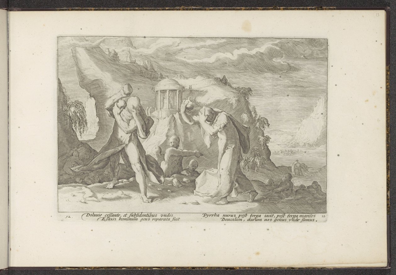 Deucalion i Pyrrha tworzą nową rasę ludzką Metamorfozy Owidiusza (tytuł serii) Odtworzenia P. Ovidiusa Naso (tytuł serii) autorstwa Hendrick Goltzius (workshop of)