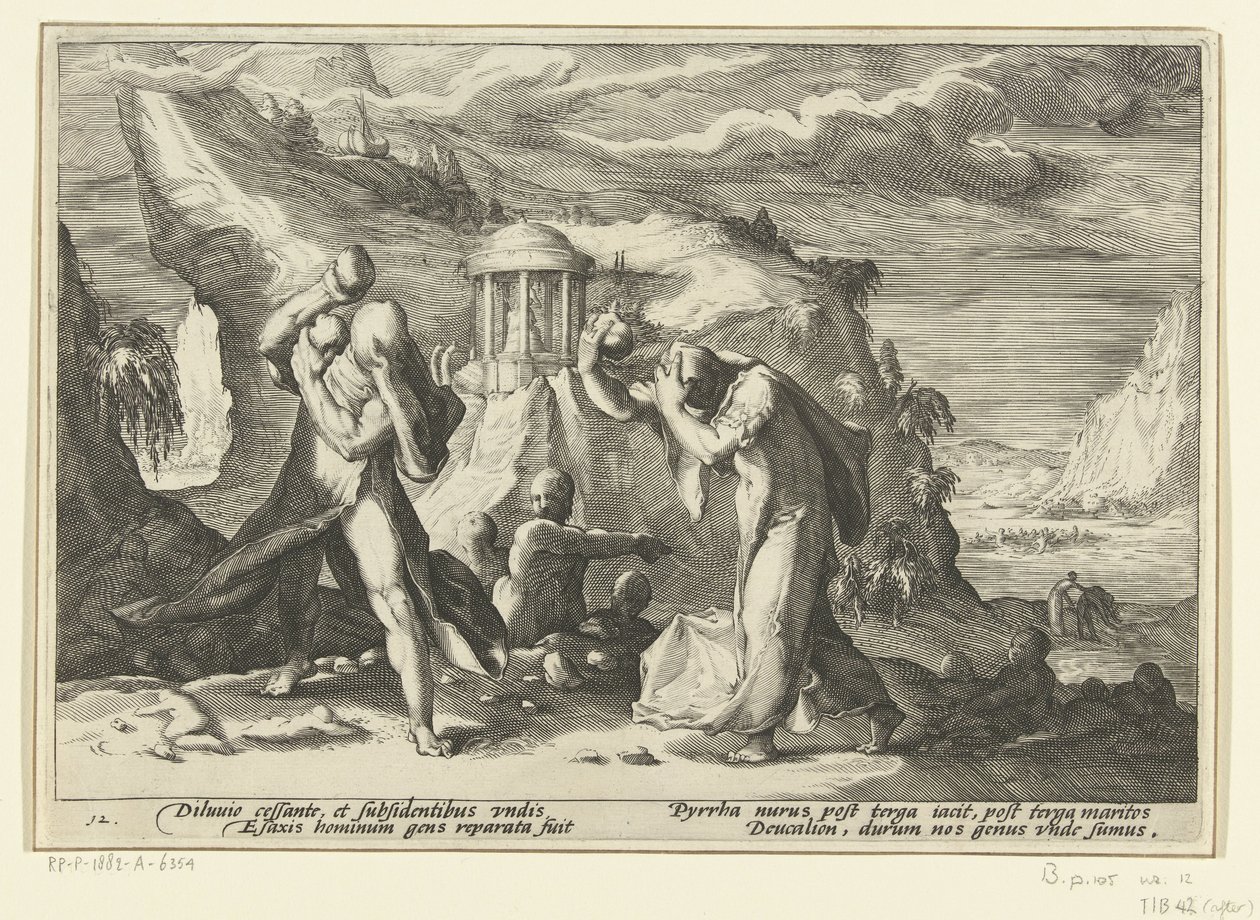 Deucalion i Pyrrha tworzą nową rasę ludzką Metamorfozy Owidiusza (tytuł serii) autorstwa Hendrick Goltzius (workshop of)