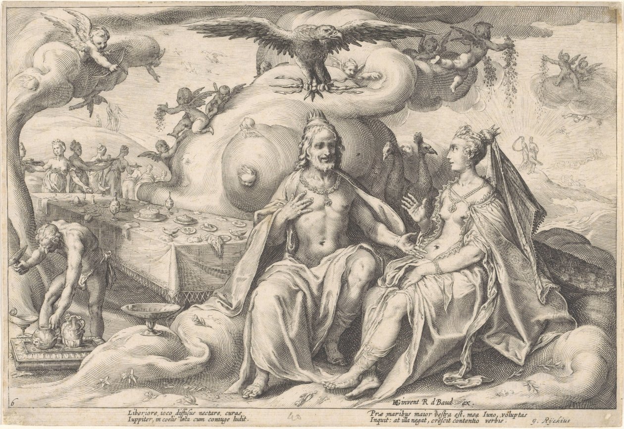 Dyskusja między Jowiszem a Juno Metamorfozy Owidiusza (tytuł serii) autorstwa Hendrick Goltzius (workshop of)