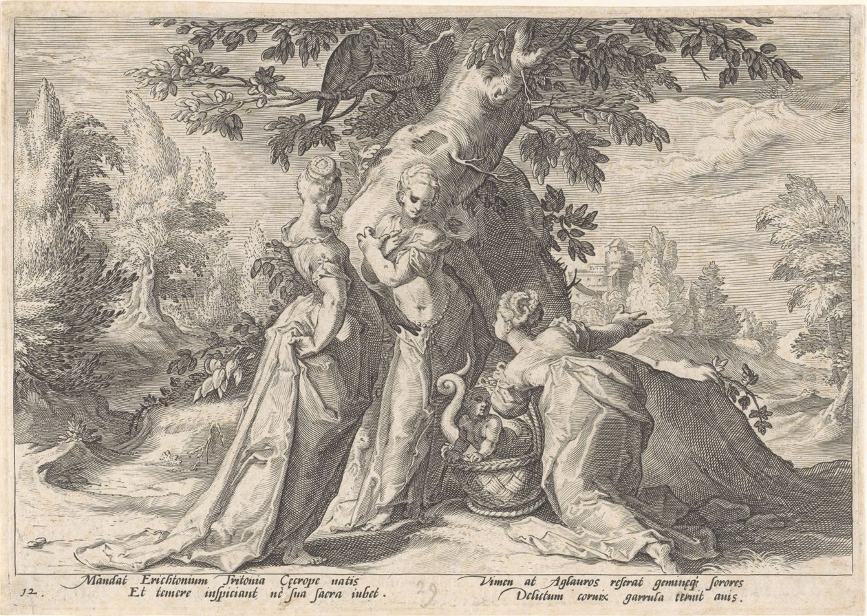 Córki Cecropsa otwierają kosz Minerwy . Metamorfozy Owidiusza (tytuł serii) autorstwa Hendrick Goltzius (workshop of)