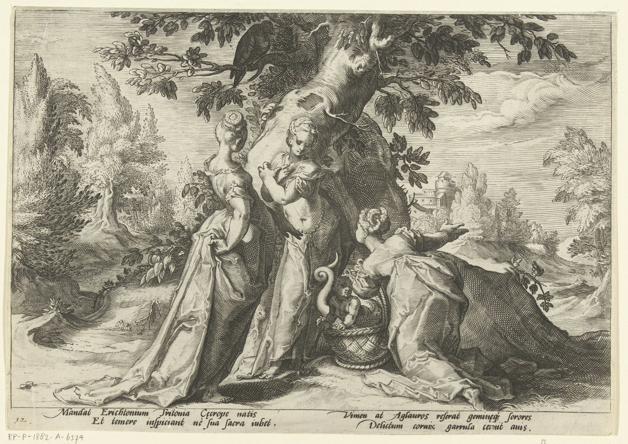 Córki Cecropsa otwierają kosz Minerwy . Metamorfozy Owidiusza (tytuł serii) autorstwa Hendrick Goltzius (workshop of)