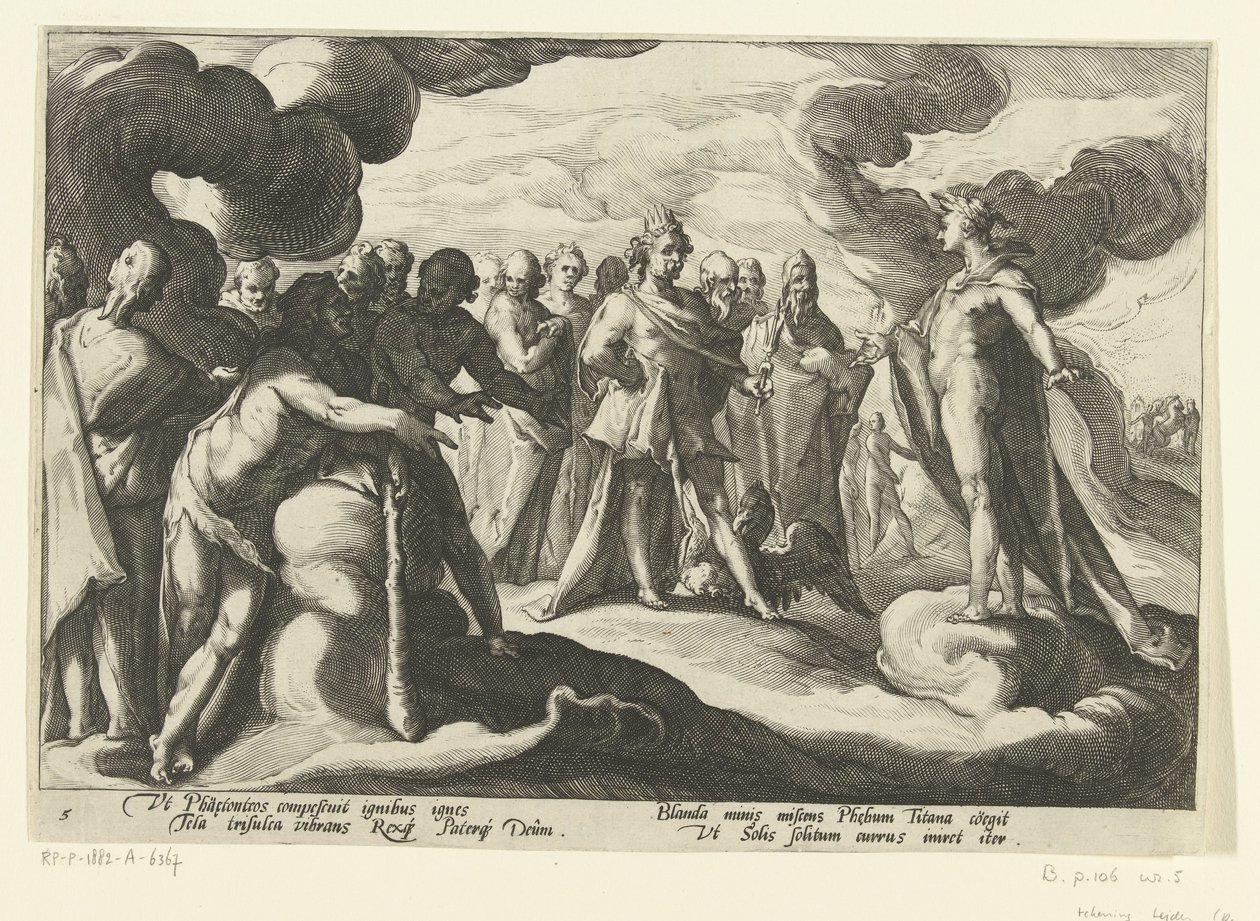 Bogowie proszą boga słońca, aby ponownie jeździł jego rydwanem Metamorfozy Owidiusza (tytuł serii) autorstwa Hendrick Goltzius (workshop of)