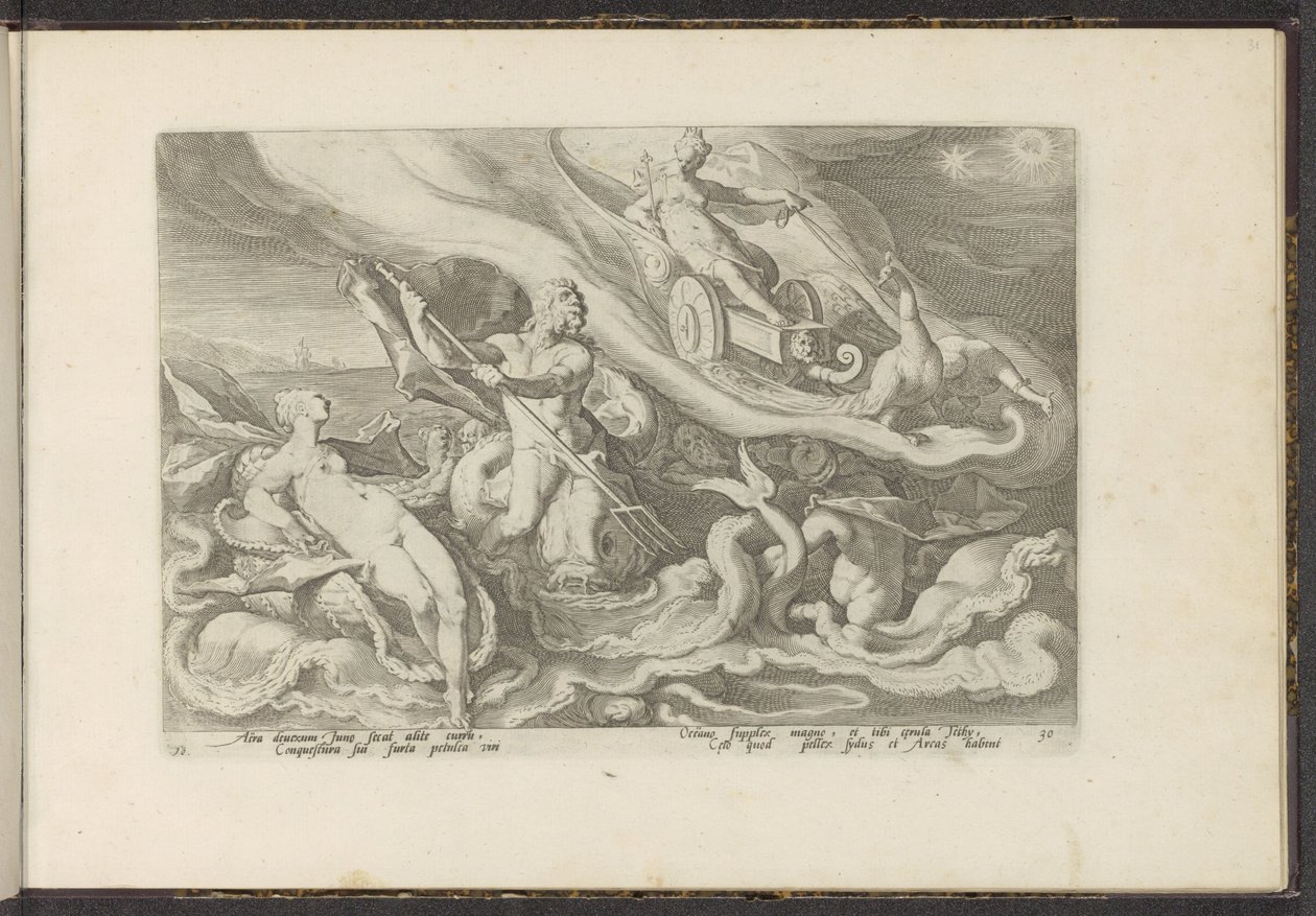 Juno skarży się Tetydzie i Oceanusowi Metamorfozy Owidiusza (tytuł serii) Odtworzenia P. Ovidiusa Naso (tytuł serii) autorstwa Hendrick Goltzius (workshop of)