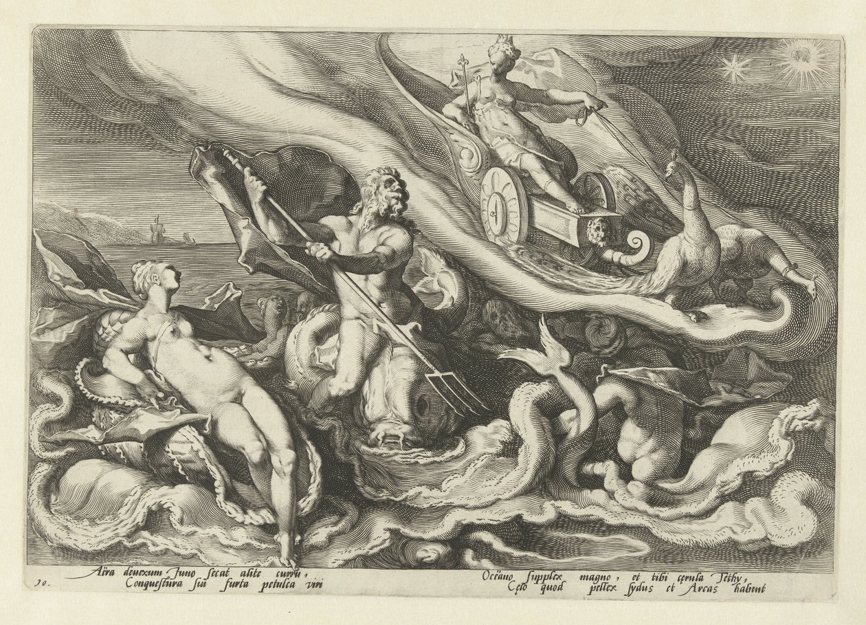 Juno skarży się Tetydzie i Oceanusowi Metamorfozy Owidiusza (tytuł serii) autorstwa Hendrick Goltzius (workshop of)