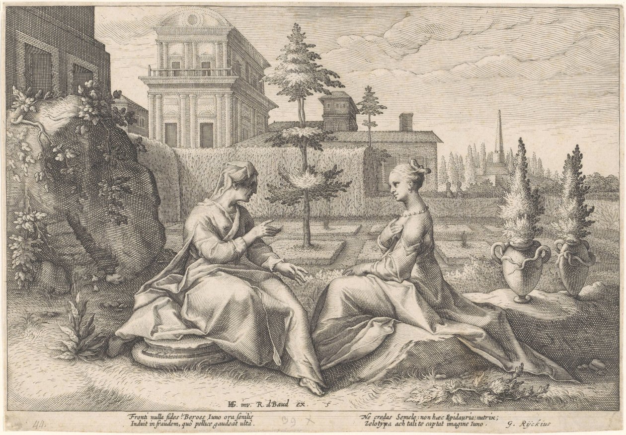 Juno zbliża się do Semele w przebraniu Beroe Metamorfozy Owidiusza (tytuł serii) autorstwa Hendrick Goltzius (workshop of)
