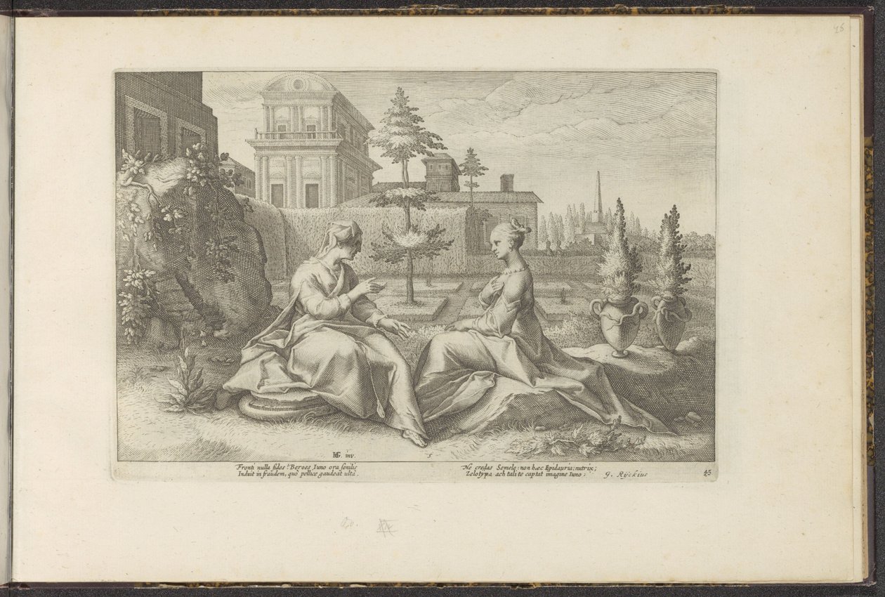 Juno zbliża się do Semele w przebraniu Beroe Metamorfozy Owidiusza (tytuł serii) Odtworzenia P. Ovidiusa Naso (tytuł serii) autorstwa Hendrick Goltzius (workshop of)