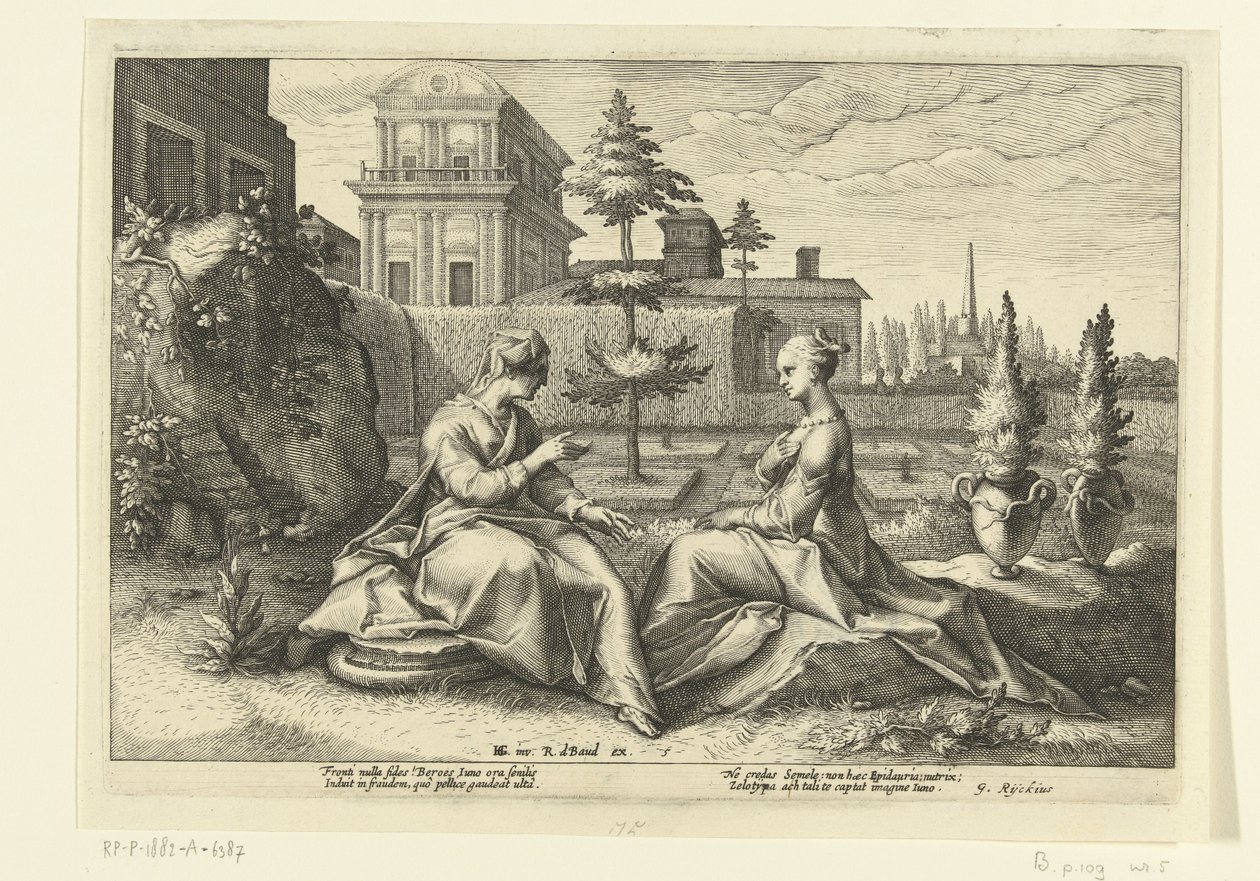 Juno zbliża się do Semele w przebraniu Beroe Metamorfozy Owidiusza (tytuł serii) autorstwa Hendrick Goltzius (workshop of)