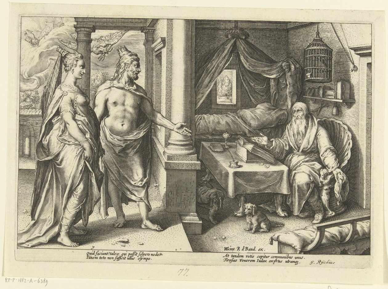 Juno i Jupiter konsultują się z Tiresias Metamorfozy Owidiusza (tytuł serii) autorstwa Hendrick Goltzius (workshop of)