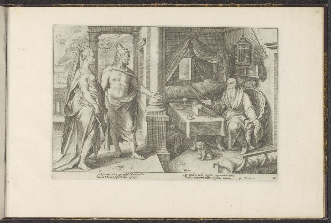 Juno i Jupiter proszą Tejrezjasza o radę Metamorfozy Owidiusza (tytuł serii) Odtworzenia P. Ovidiusa Naso (tytuł serii) autorstwa Hendrick Goltzius (workshop of)