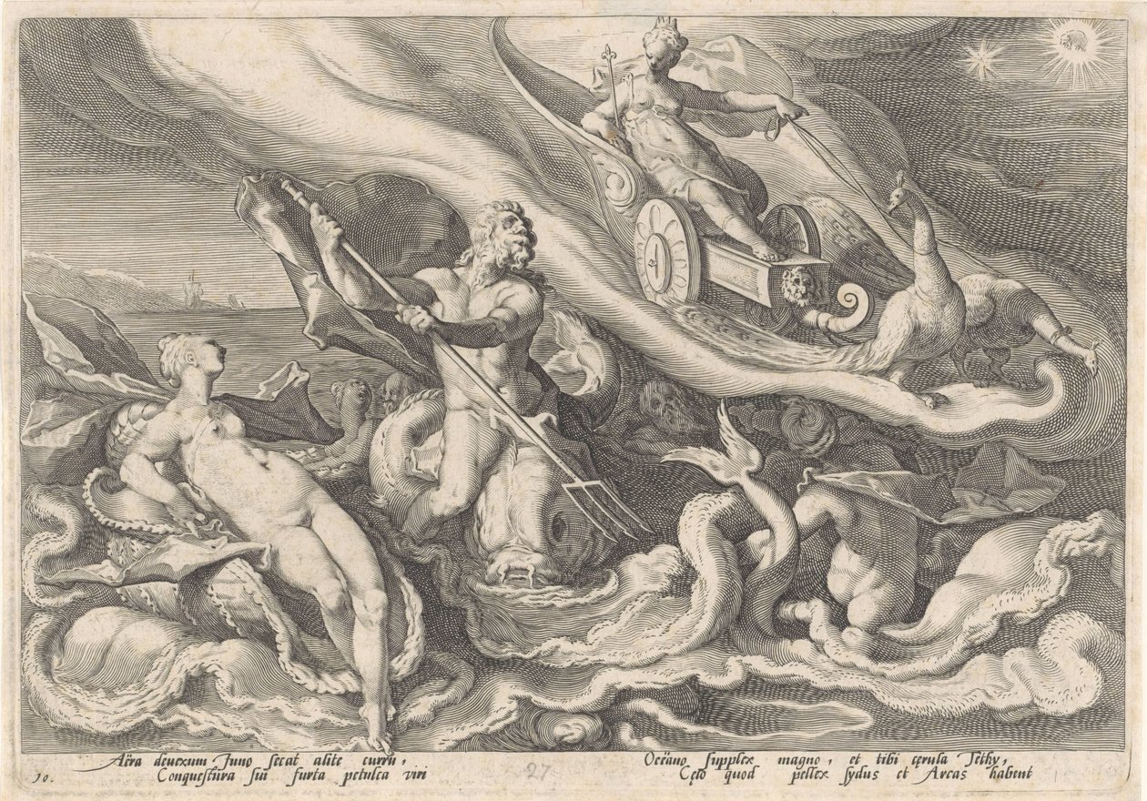 Juno skarży się Tetydzie i Oceanusowi Metamorfozy Owidiusza (tytuł serii) autorstwa Hendrick Goltzius (workshop of)