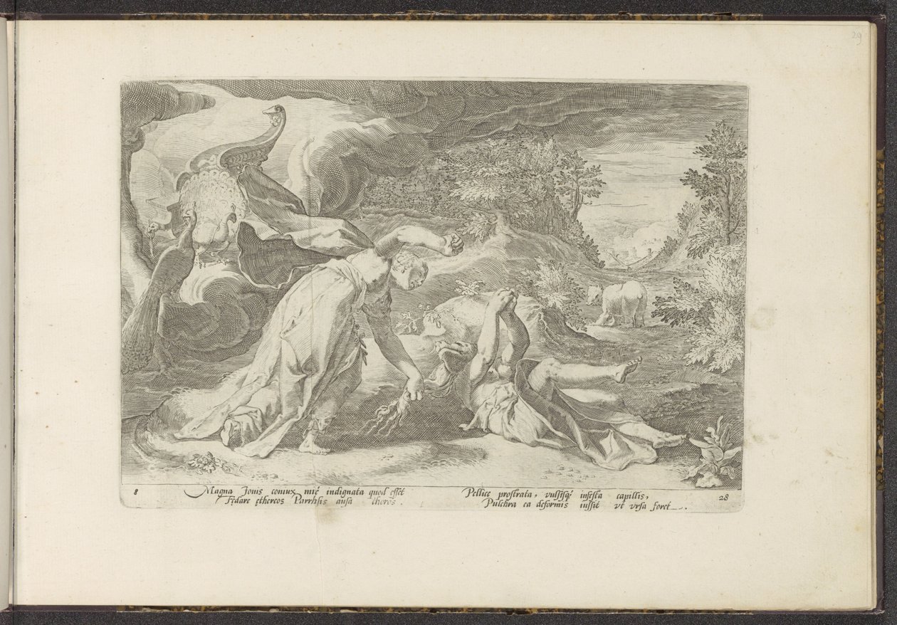 Juno zamienia Callisto w niedźwiedzia Metamorfozy Owidiusza (tytuł serii) Odtworzenia P. Ovidiusa Naso (tytuł serii) autorstwa Hendrick Goltzius (workshop of)