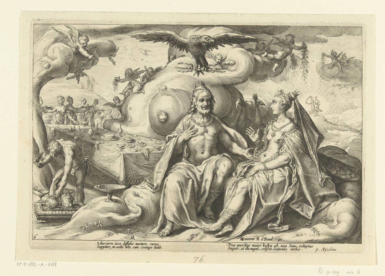 Jowisz i Junona dyskutują, która z płci ma większą żądzę miłości Metamorfozy Owidiusza (tytuł serii) autorstwa Hendrick Goltzius (workshop of)