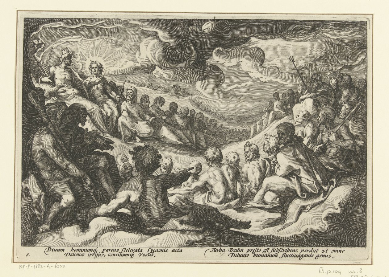 Jowisz przywołuje bogów olimpijskich Metamorfozy Owidiusza (tytuł serii) autorstwa Hendrick Goltzius (workshop of)