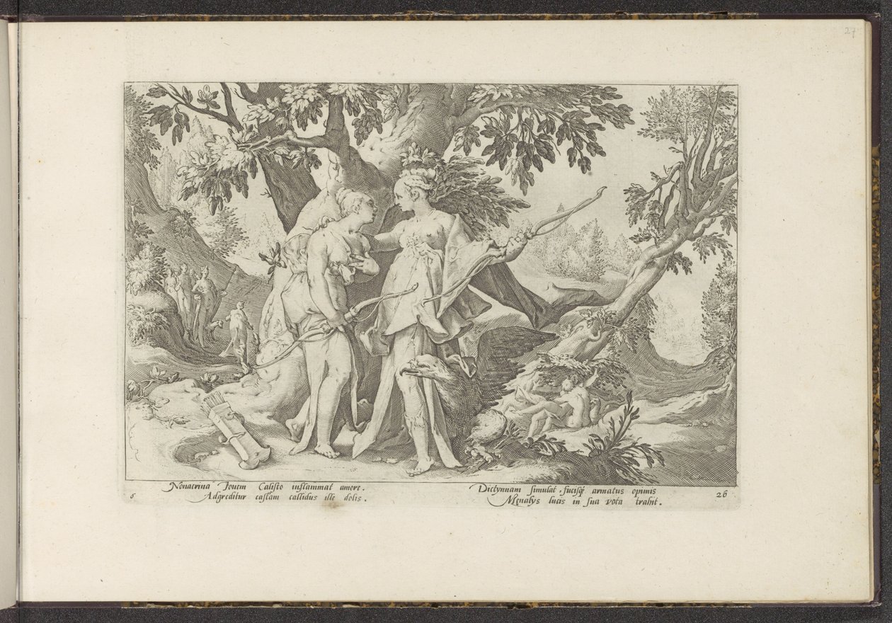 Jowisz uwodzi Callisto pod postacią Diany Metamorfozy Owidiusza (tytuł serii) Odtworzenia P. Ovidiusa Naso (tytuł serii) autorstwa Hendrick Goltzius (workshop of)