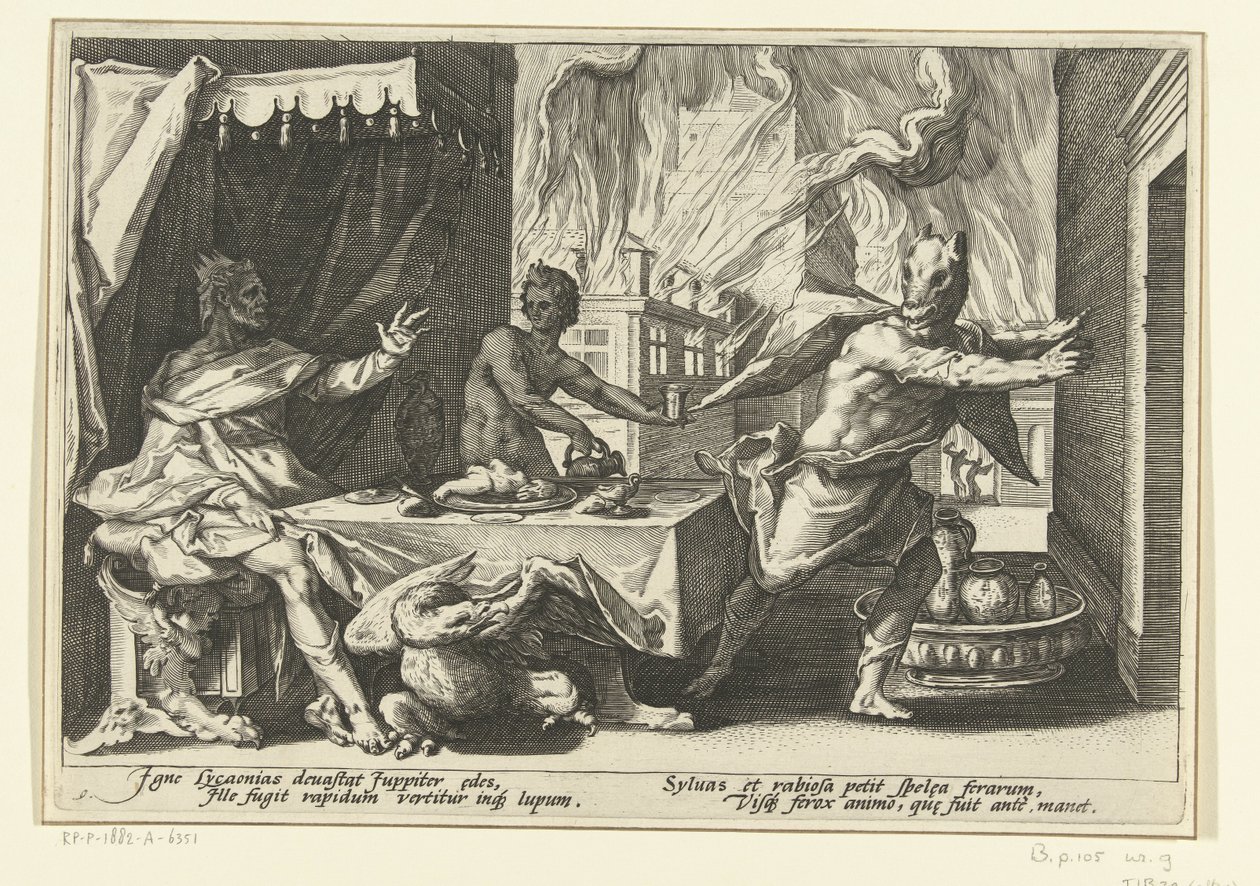 Likaon zamienia się w wilka Metamorfozy Owidiusza (tytuł serii) autorstwa Hendrick Goltzius (workshop of)