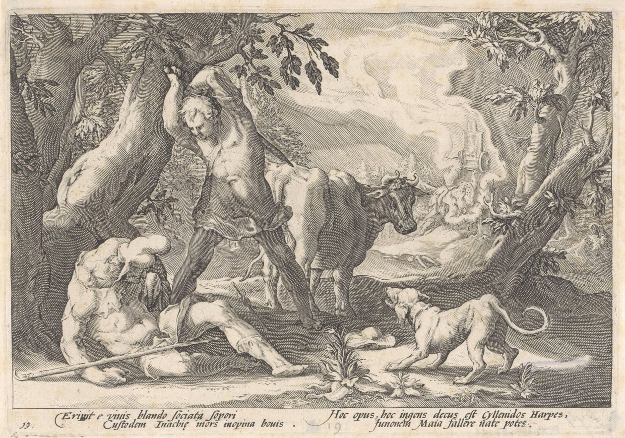 Merkury zabija Argusa Metamorfozy Owidiusza (tytuł serii) autorstwa Hendrick Goltzius (workshop of)
