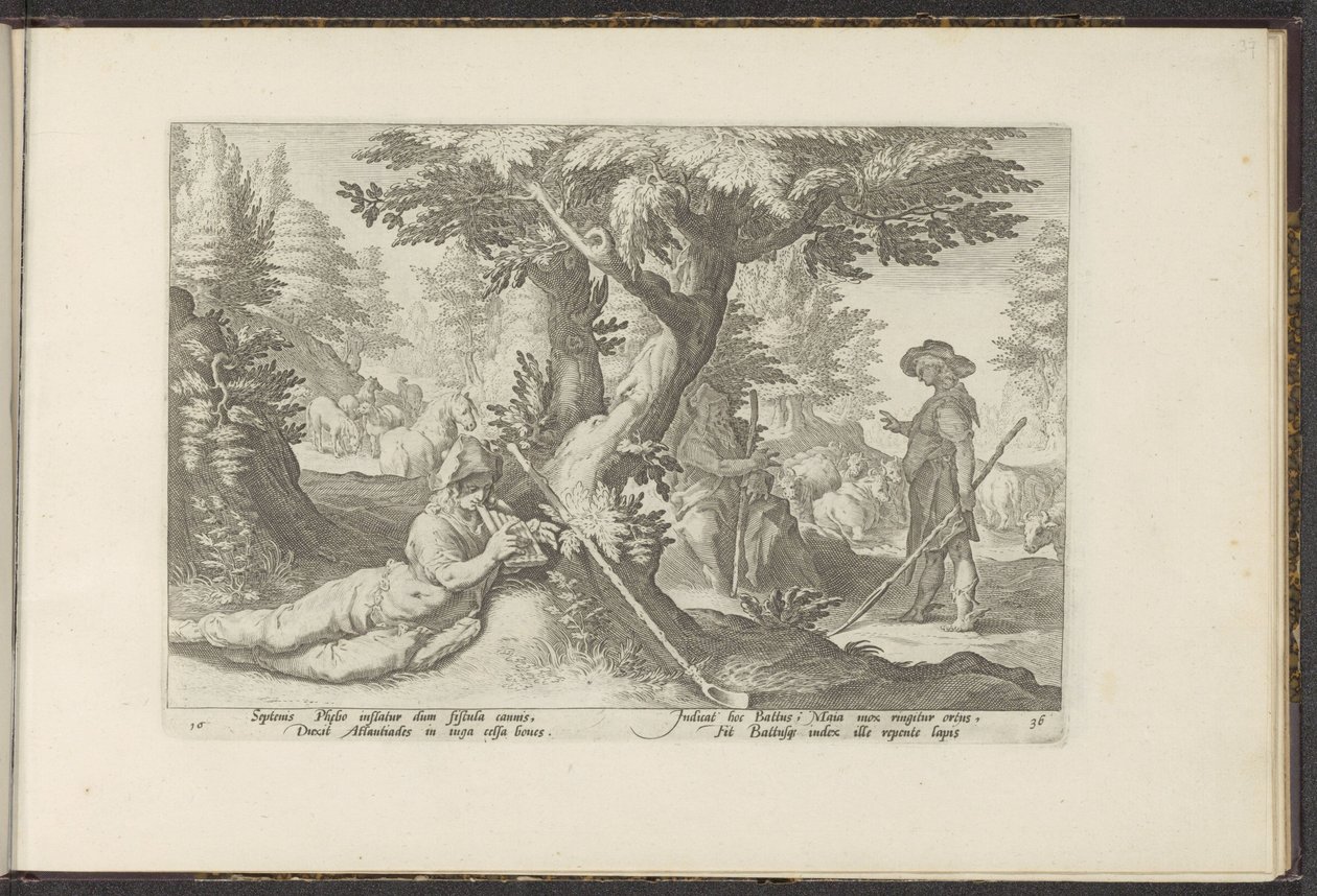Merkury w Battusie Metamorfosen Owidiusza (tytuł serii) Herscheppingen van P. Ovidius Naso (tytuł serii) autorstwa Hendrick Goltzius (workshop of)