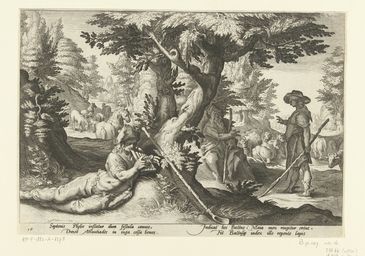 Merkury w Battusie Metamorfosen Owidiusza (tytuł serii) autorstwa Hendrick Goltzius (workshop of)