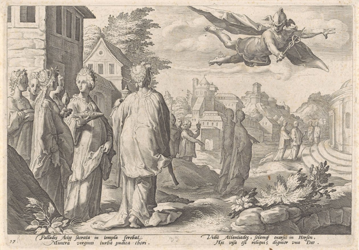 Mercurius en Herse Metamorfosen van Ovidius (tytuł serii) autorstwa Hendrick Goltzius (workshop of)