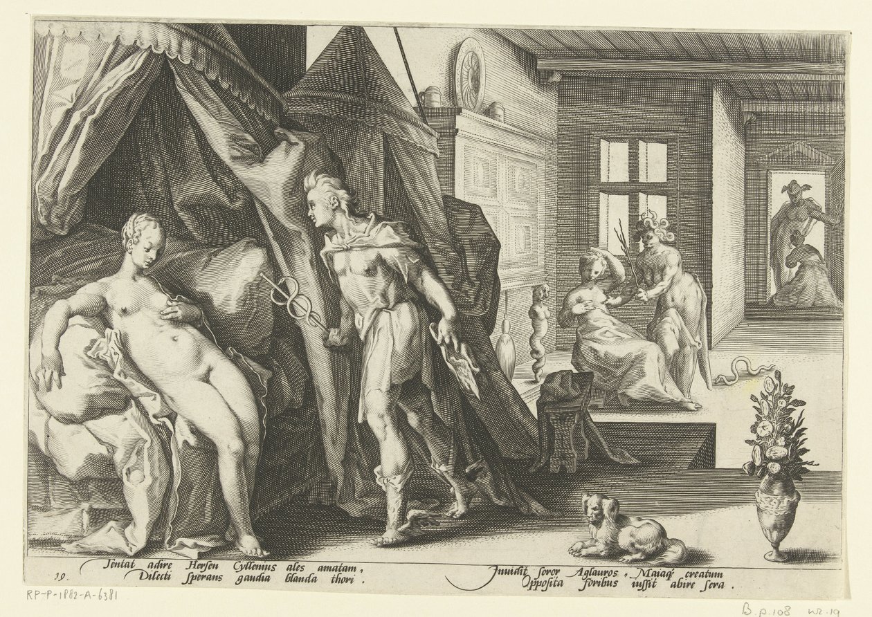 Mercurius w aparacie Herses Metamorfozy Owidiusza (tytuł serii) autorstwa Hendrick Goltzius (workshop of)