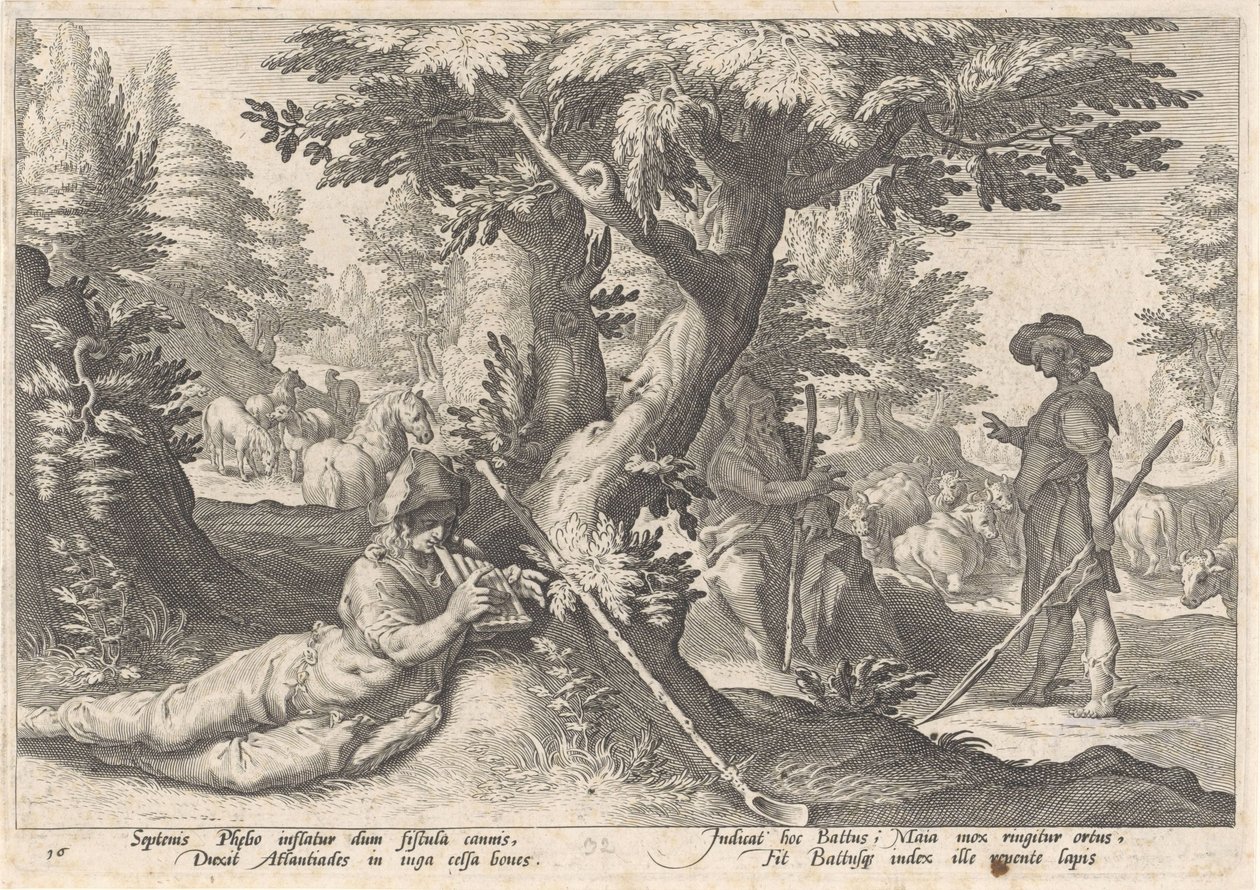 Merkury zamienia Battusa w kamień Metamorfozy Owidiusza (tytuł serii) autorstwa Hendrick Goltzius (workshop of)