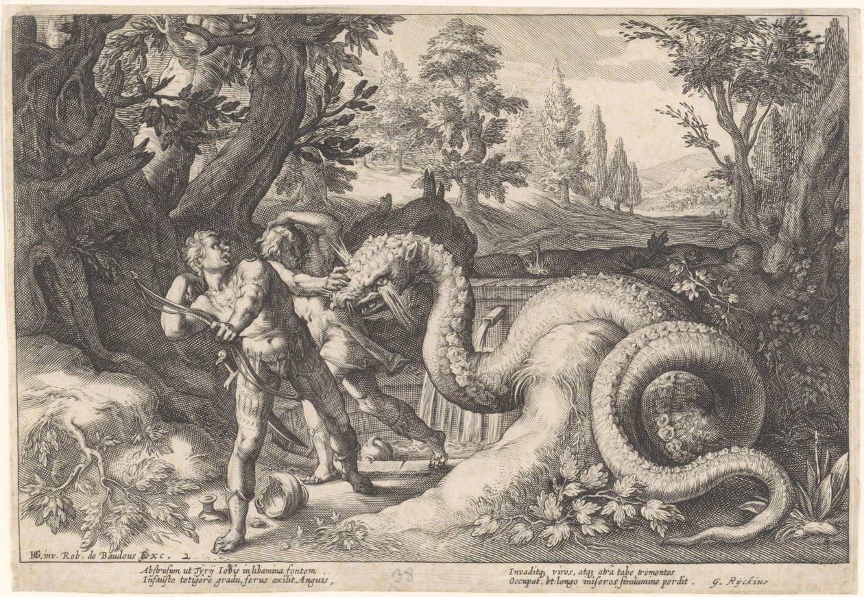 Towarzysze Kadmusa pożarte przez smoka Metamorfozy Owidiusza (tytuł serii) autorstwa Hendrick Goltzius (workshop of)