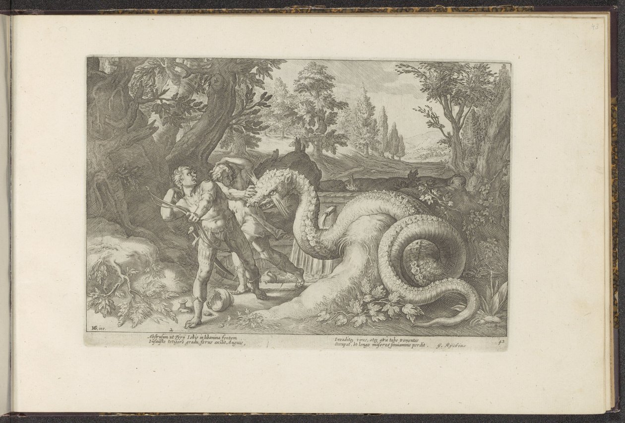 Towarzysze Kadmusa pożarte przez smoka Metamorfozy Owidiusza (tytuł serii) Odtworzenia P. Ovidiusa Naso (tytuł serii) autorstwa Hendrick Goltzius (workshop of)
