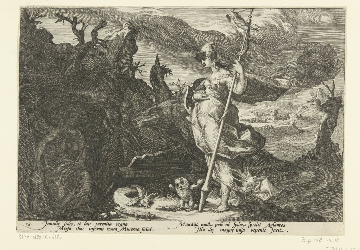 Minerva prosi Envy, by rozpaliła zazdrość w Aglauros Metamorfozy Owidiusza (tytuł serii) autorstwa Hendrick Goltzius (workshop of)