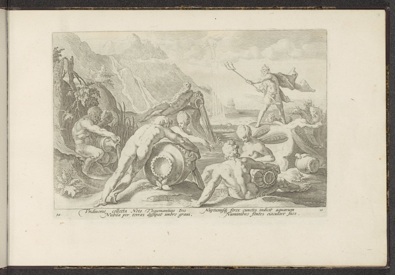 Neptun i bogowie rzeki powodują powódź Metamorfozy Owidiusza (tytuł serii) Odtworzenia P. Ovidiusa Naso (tytuł serii) autorstwa Hendrick Goltzius (workshop of)