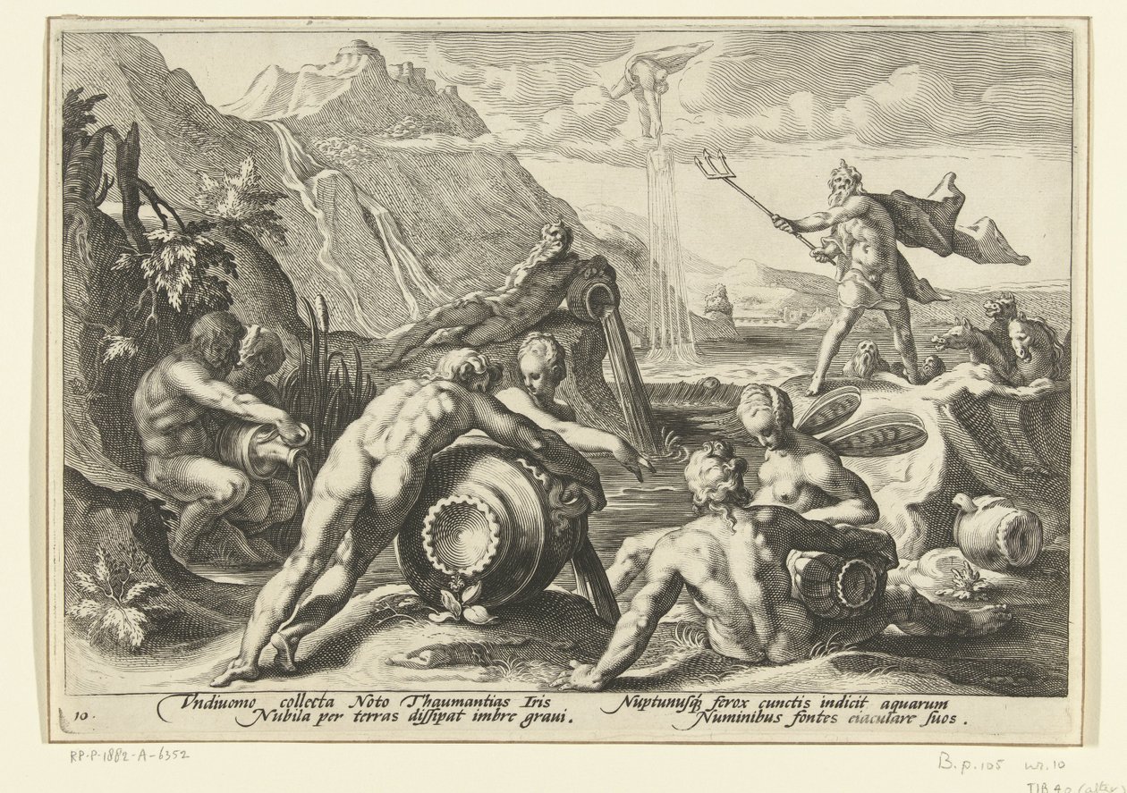 Neptun i bogowie rzeki powodują powódź Metamorfozy Owidiusza (tytuł serii) autorstwa Hendrick Goltzius (workshop of)