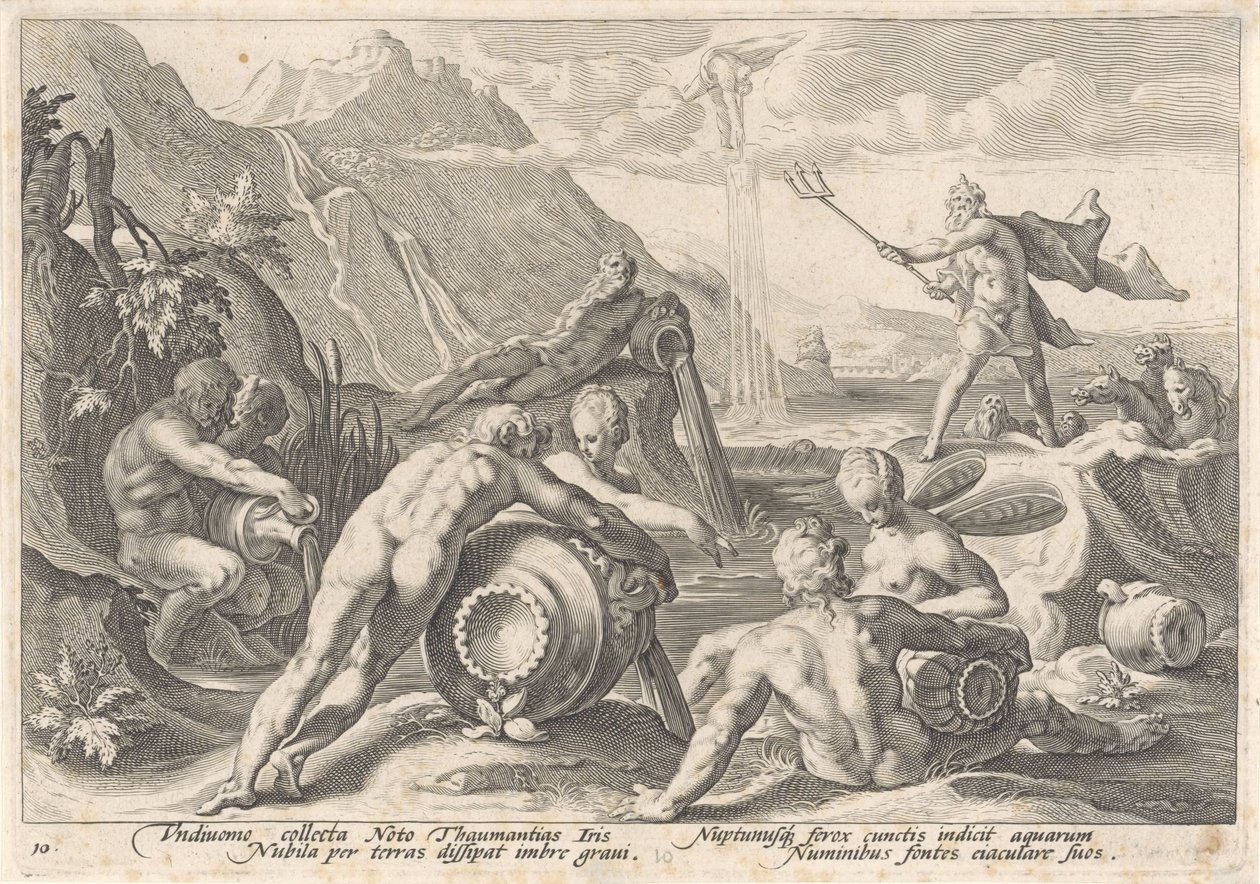 Neptun rozkazuje bogom rzeki wywołać powódź Metamorfozy Owidiusza (tytuł serii) autorstwa Hendrick Goltzius (workshop of)