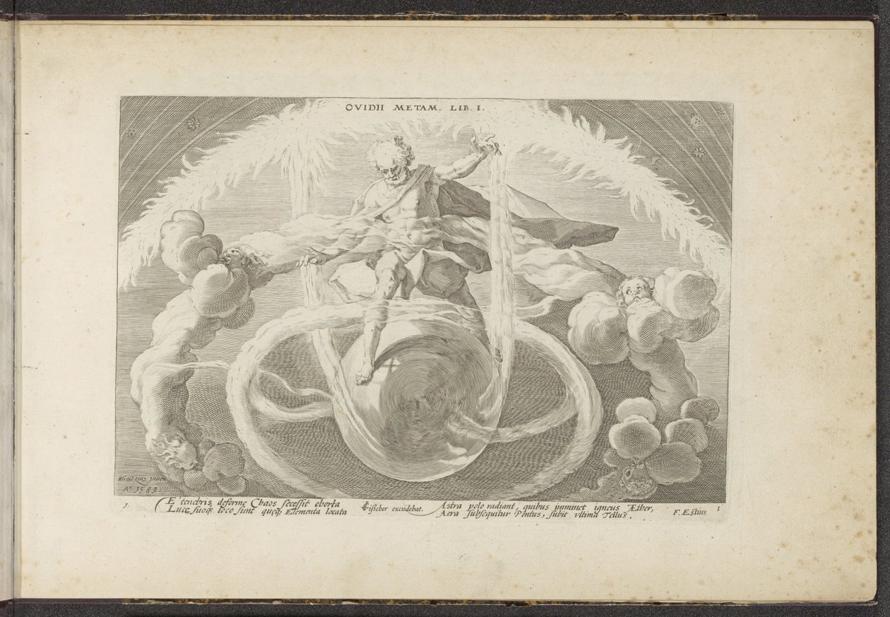Porządek w chaosie Stworzenie czterech żywiołów Ovidii Metam. lib. I (tytuł na przedmiocie) Metamorfozy Owidiusza (tytuł serii) Odtworzenia P. Ovidiusa Naso (tytuł serii) autorstwa Hendrick Goltzius (workshop of)