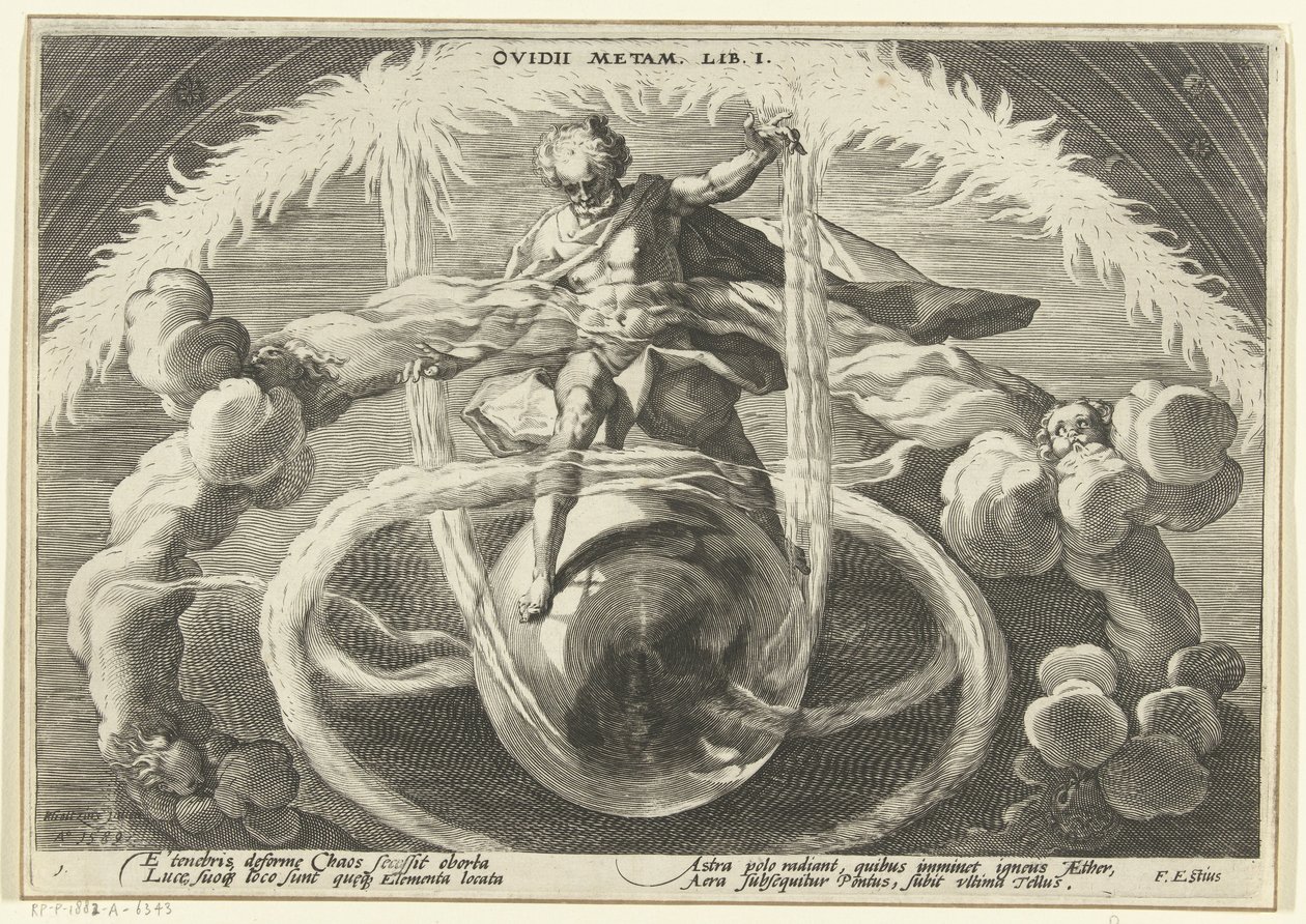 Porządek w chaosie Stworzenie czterech żywiołów Metamorfozy Owidiusza (tytuł serii) autorstwa Hendrick Goltzius (workshop of)