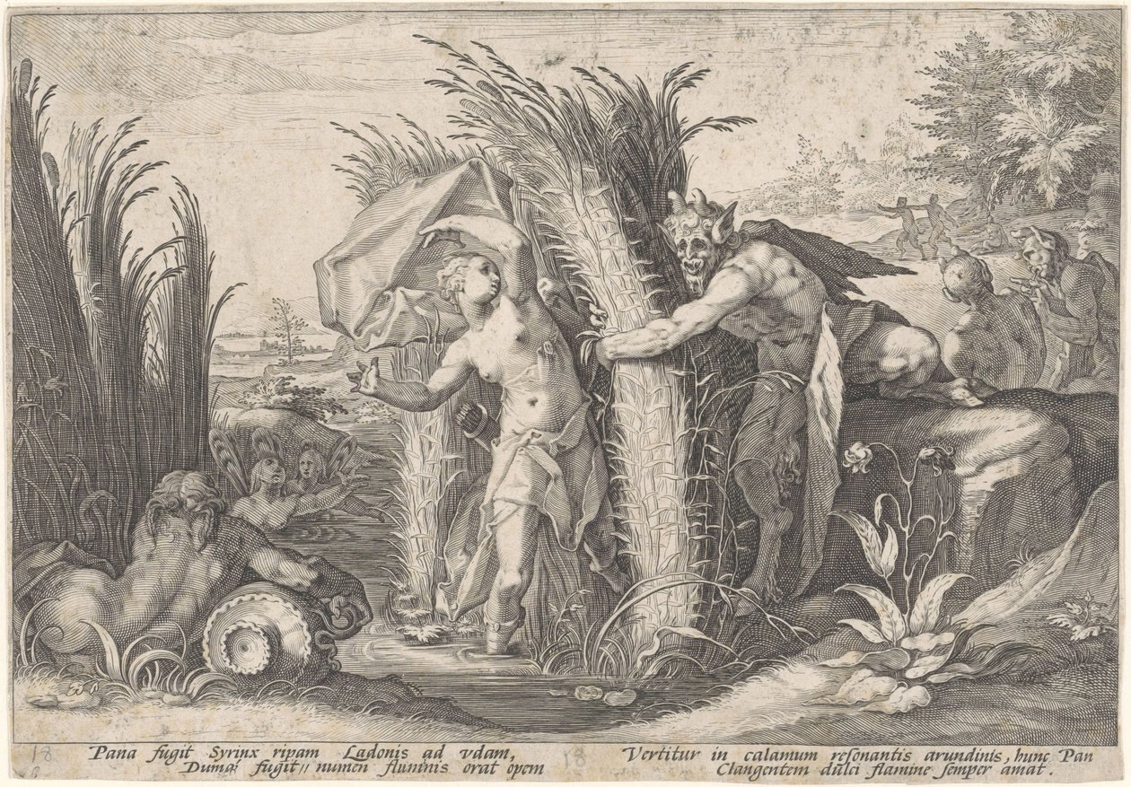 Pan en Syrigs Przekształcony van Ovid (tytuł serii) autorstwa Hendrick Goltzius (workshop of)