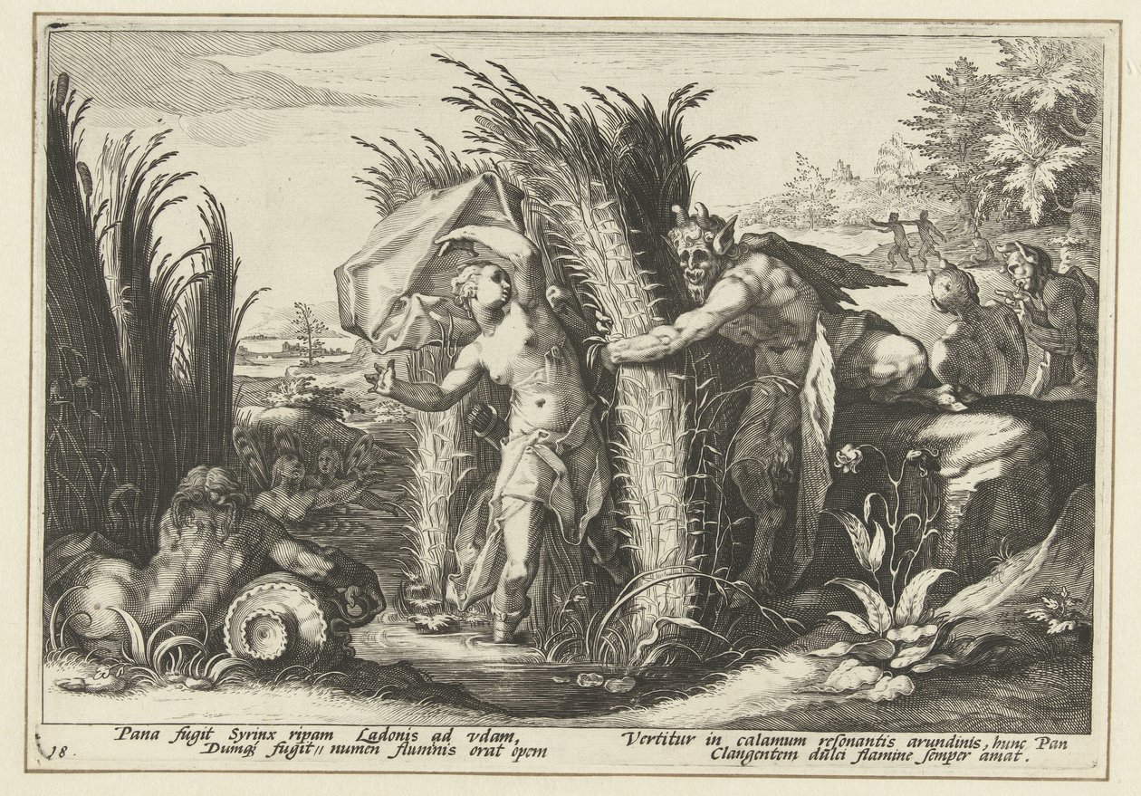 Pan en Syrigs Metamorfozy Owidiusza (tytuł serii) autorstwa Hendrick Goltzius (workshop of)
