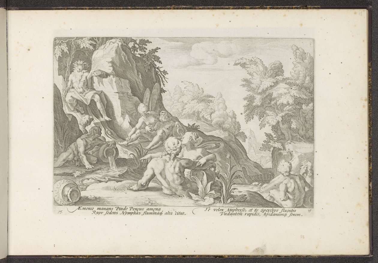 Peneus odwiedzany przez innych bogów rzecznych Metamorfozy Owidiusza (tytuł serii) Odtworzenia P. Ovidiusa Naso (tytuł serii) autorstwa Hendrick Goltzius (workshop of)